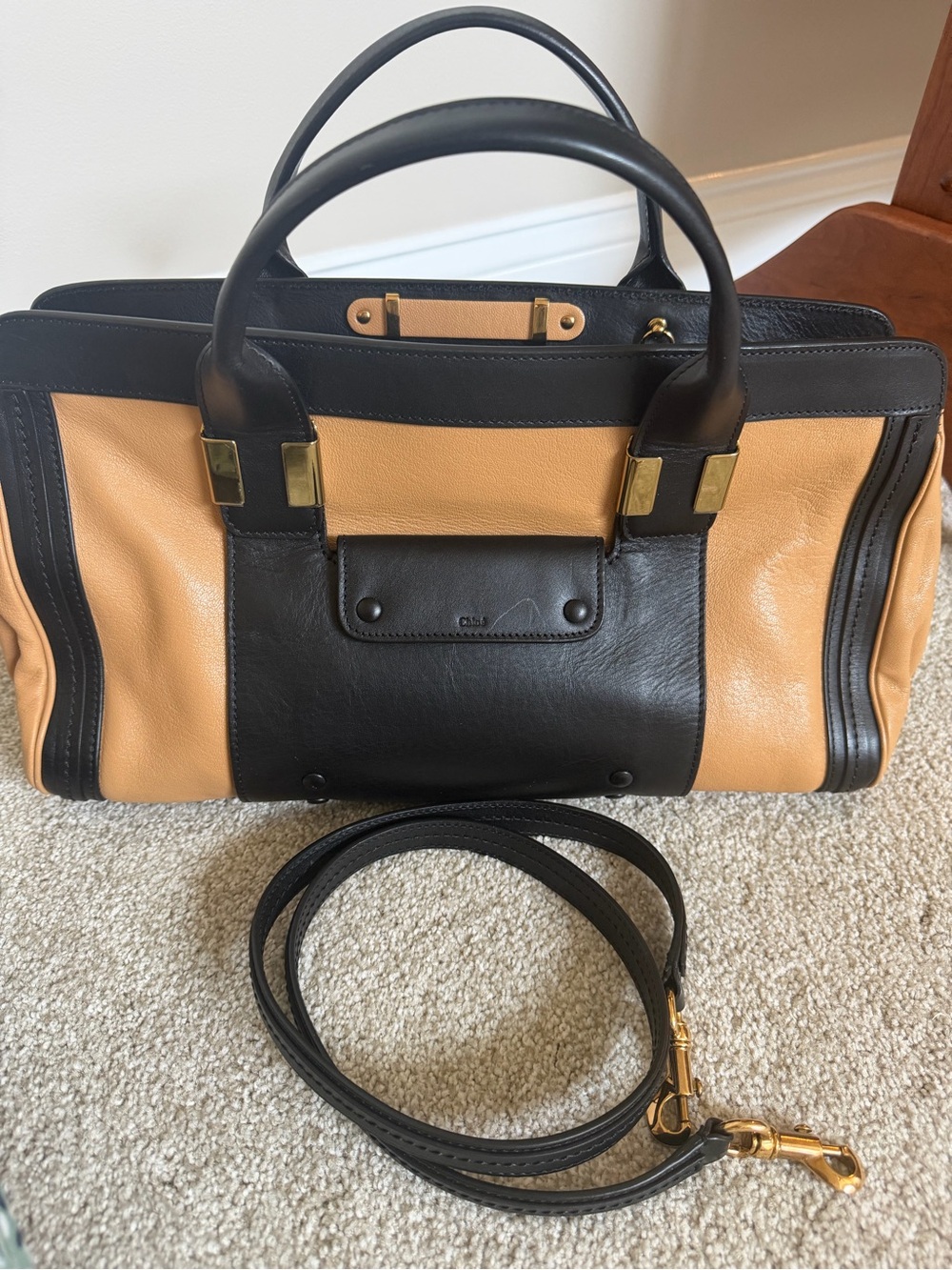Chloé Two-Tone Black and Tan Leather Satchel with Gold Hardware with COA